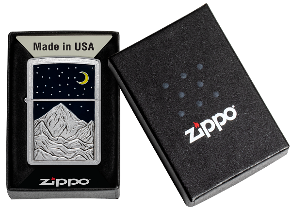 Zippo Mountain Moon and Stars Emblem, Street Chrome Lighter #48632
