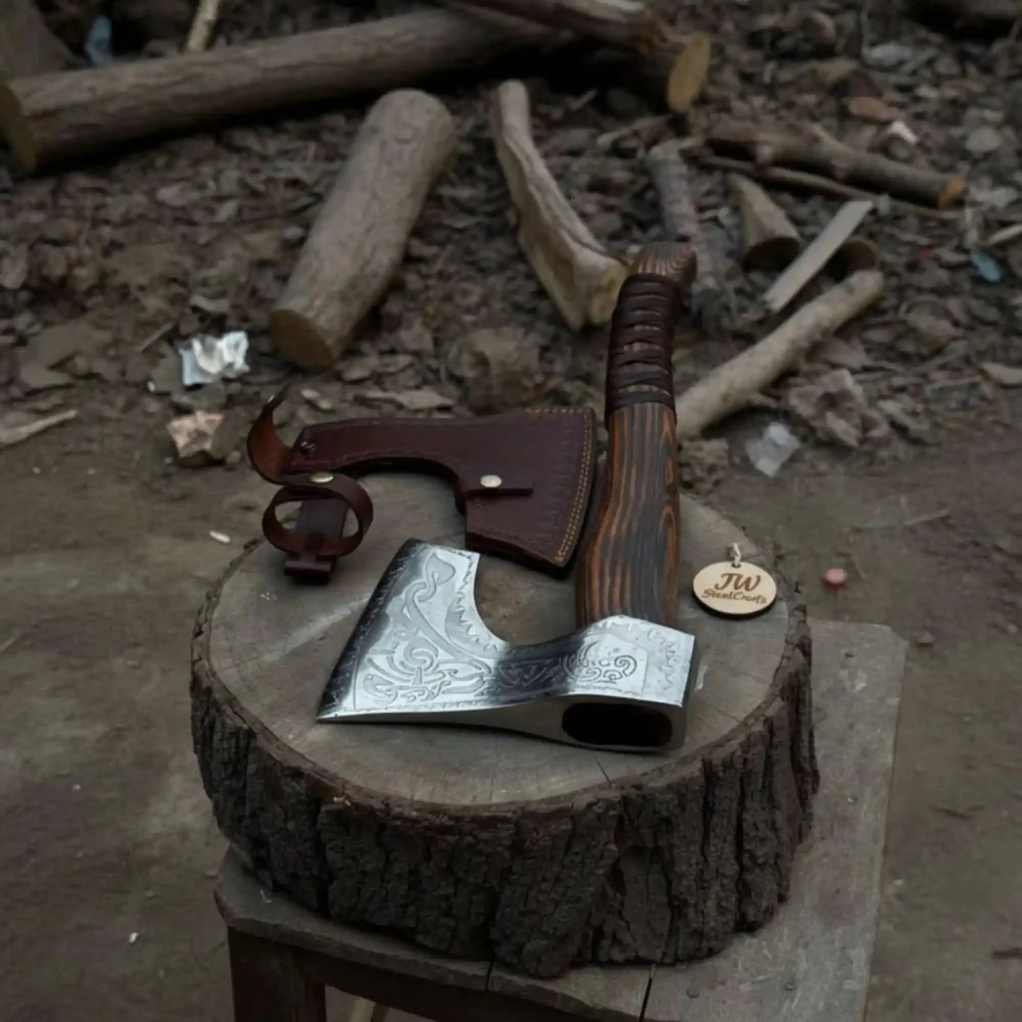 Engraved Carbon Steel Ragnar Axe with Bearded Head