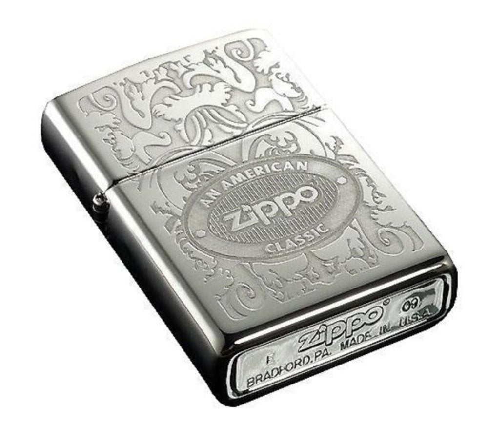 Zippo Logo Crown Stamp Filigree, High Polish Chrome Lighter #24751
