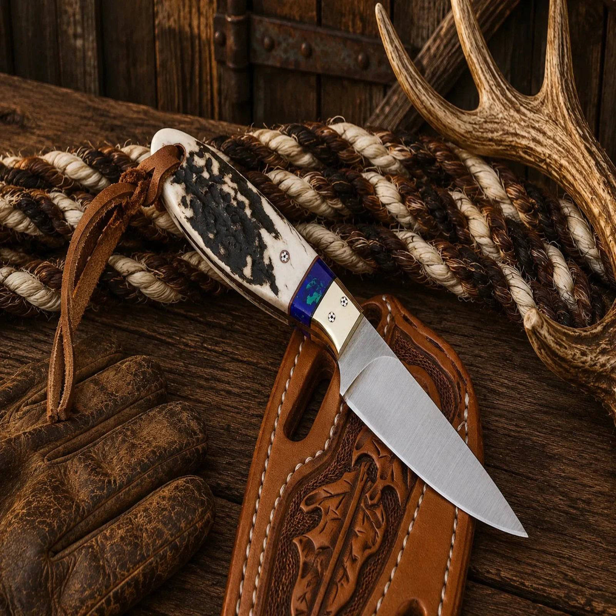 Elk Ridge Buckaroo cowboy knife by SHAM KNIVES with D2 steel blade and floral pancake sheath, designed for hunting and outdoor use.