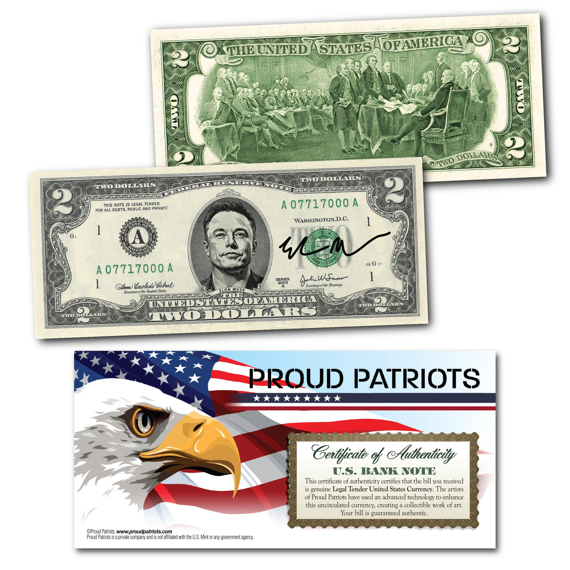 Elon Musk Collectible $2 Bill (Genuine Legal Tender)