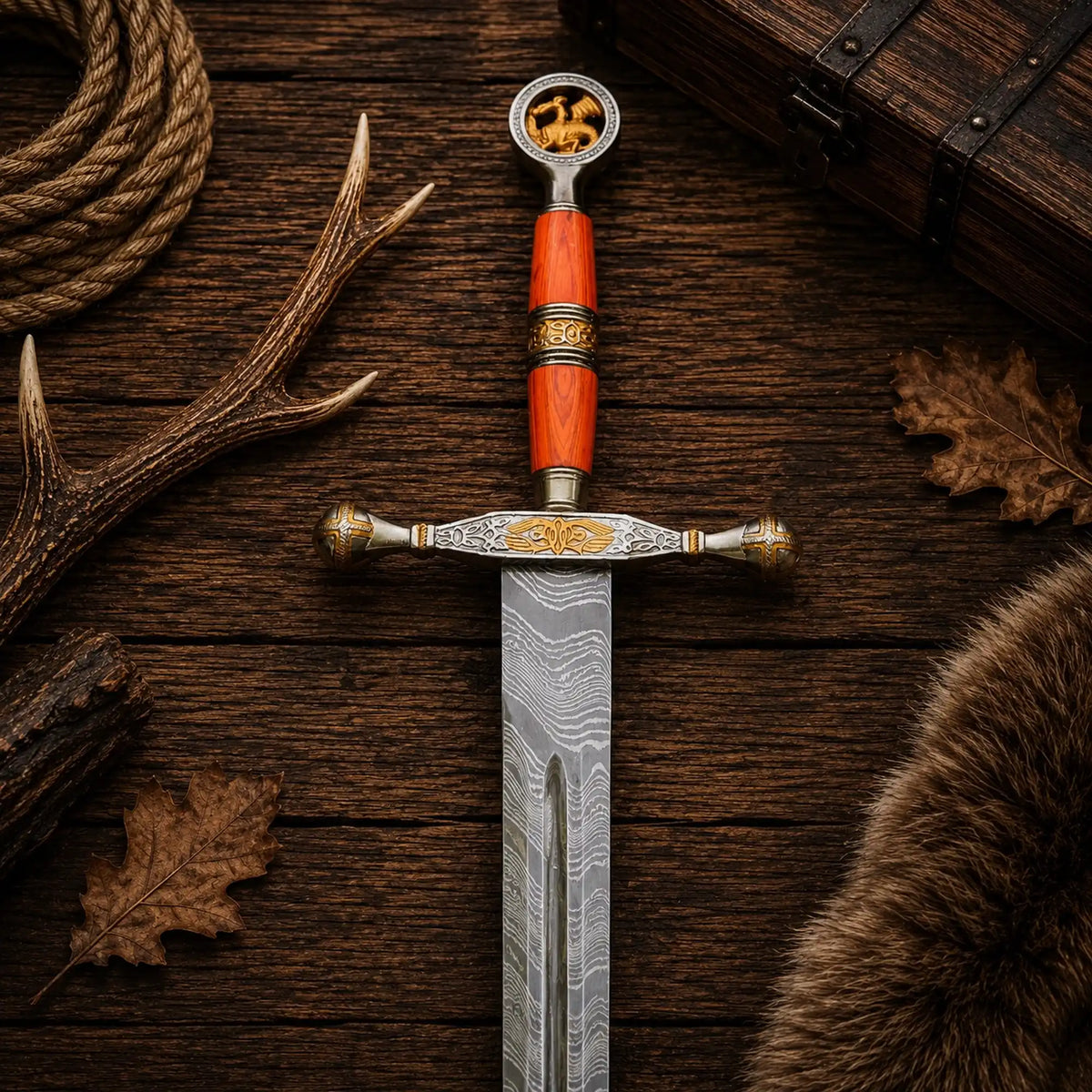 Close-up of the Ember Sigil Damascus Steel Viking Sword handle by CSK Forged, showing intricate craftsmanship and detailed design.