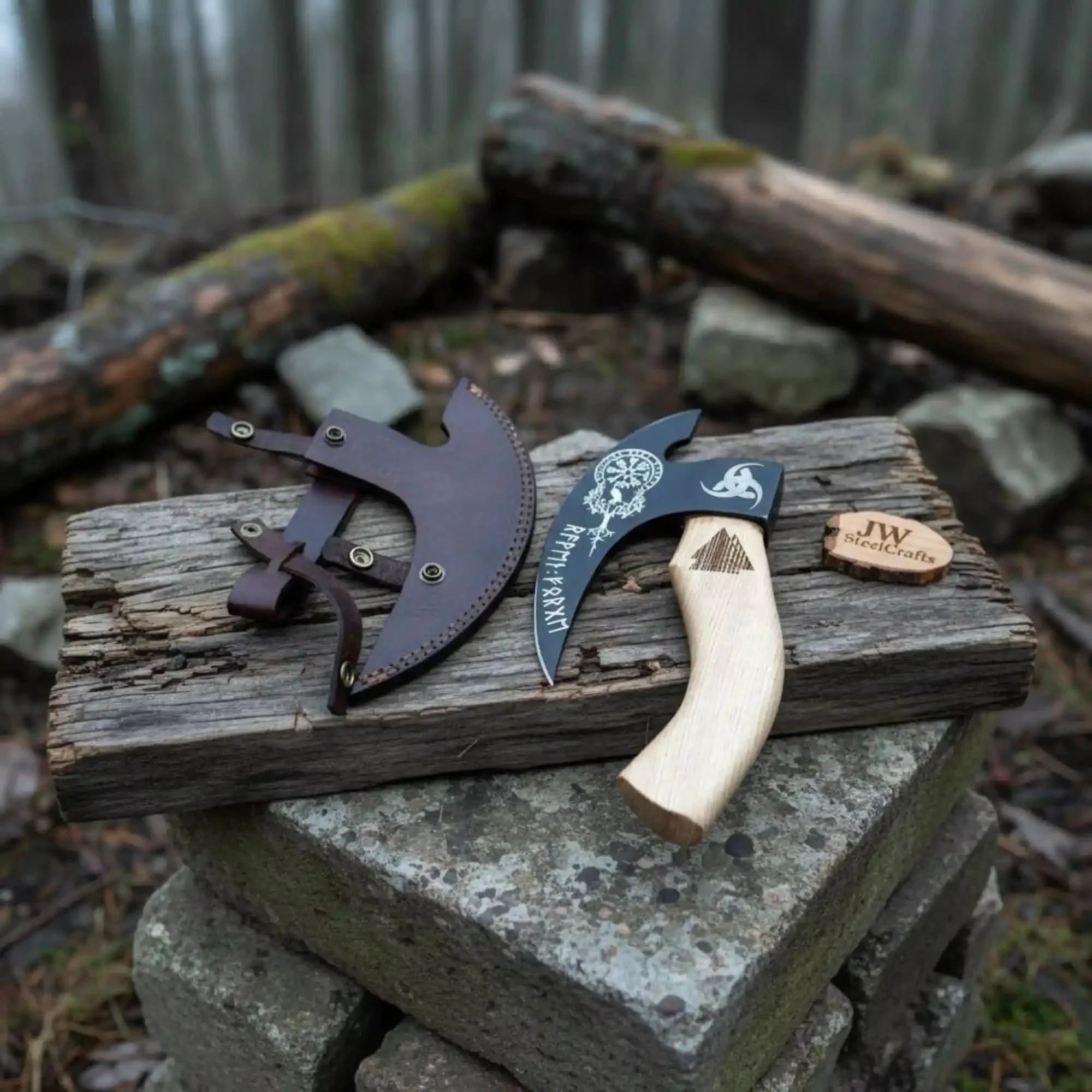 Viking Rune Engraved Bearded Axe Pizza Cutter — Carbon Steel Blade, Ash Wood Handle