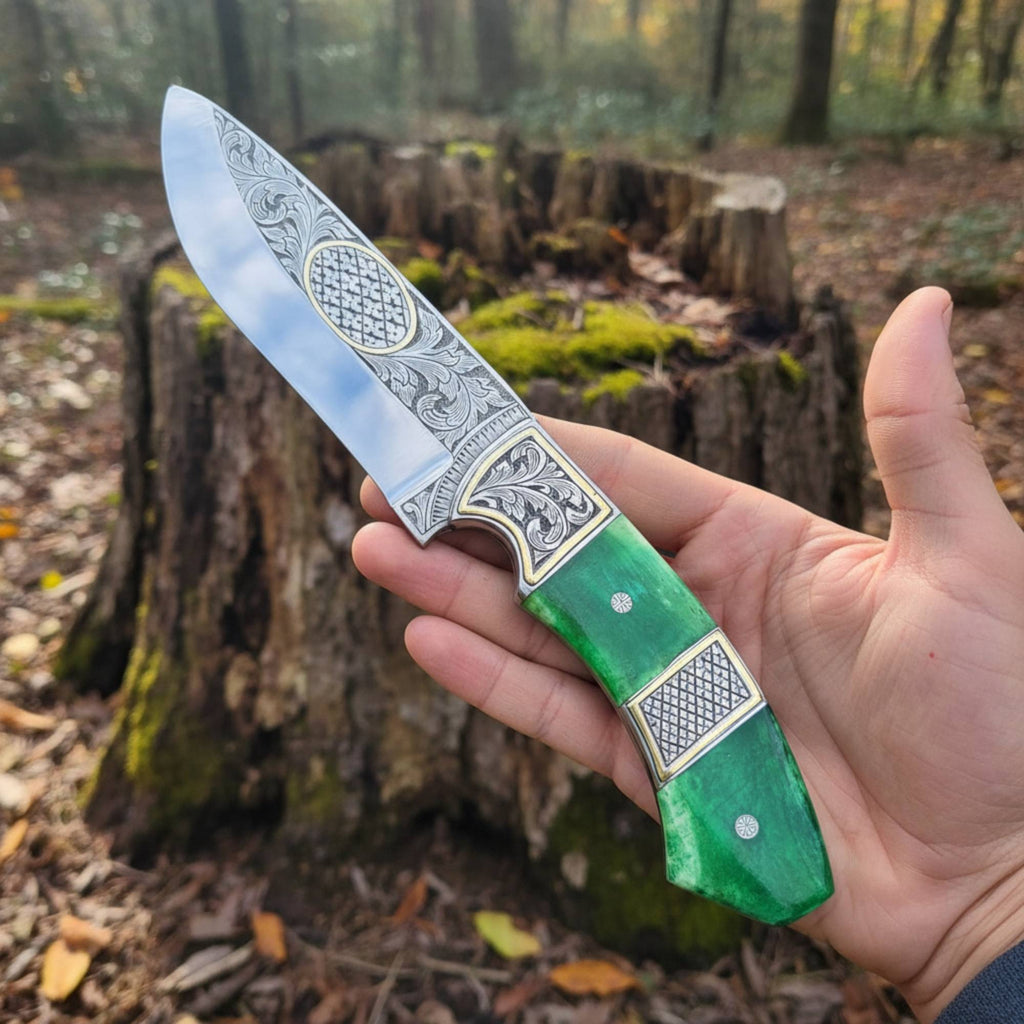 Engraved D2 Hunting Knife Brass Inlay Camel Bone
