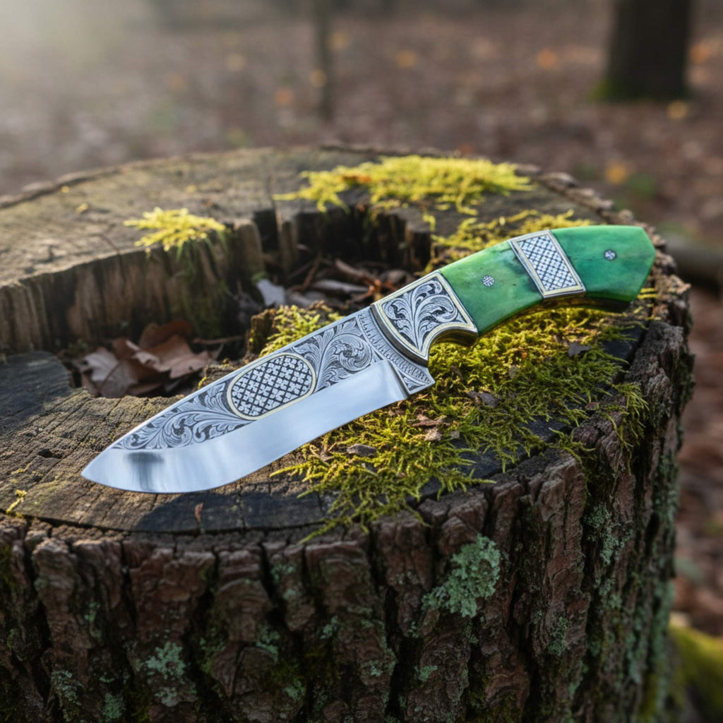 Engraved D2 Hunting Knife Brass Inlay Camel Bone