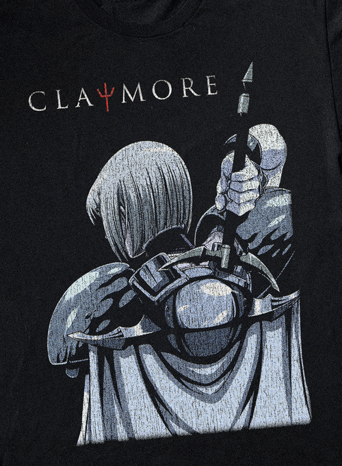 Close-up of the black Claymore T-Shirt by Parallel, featuring a detailed design on the front fabric.