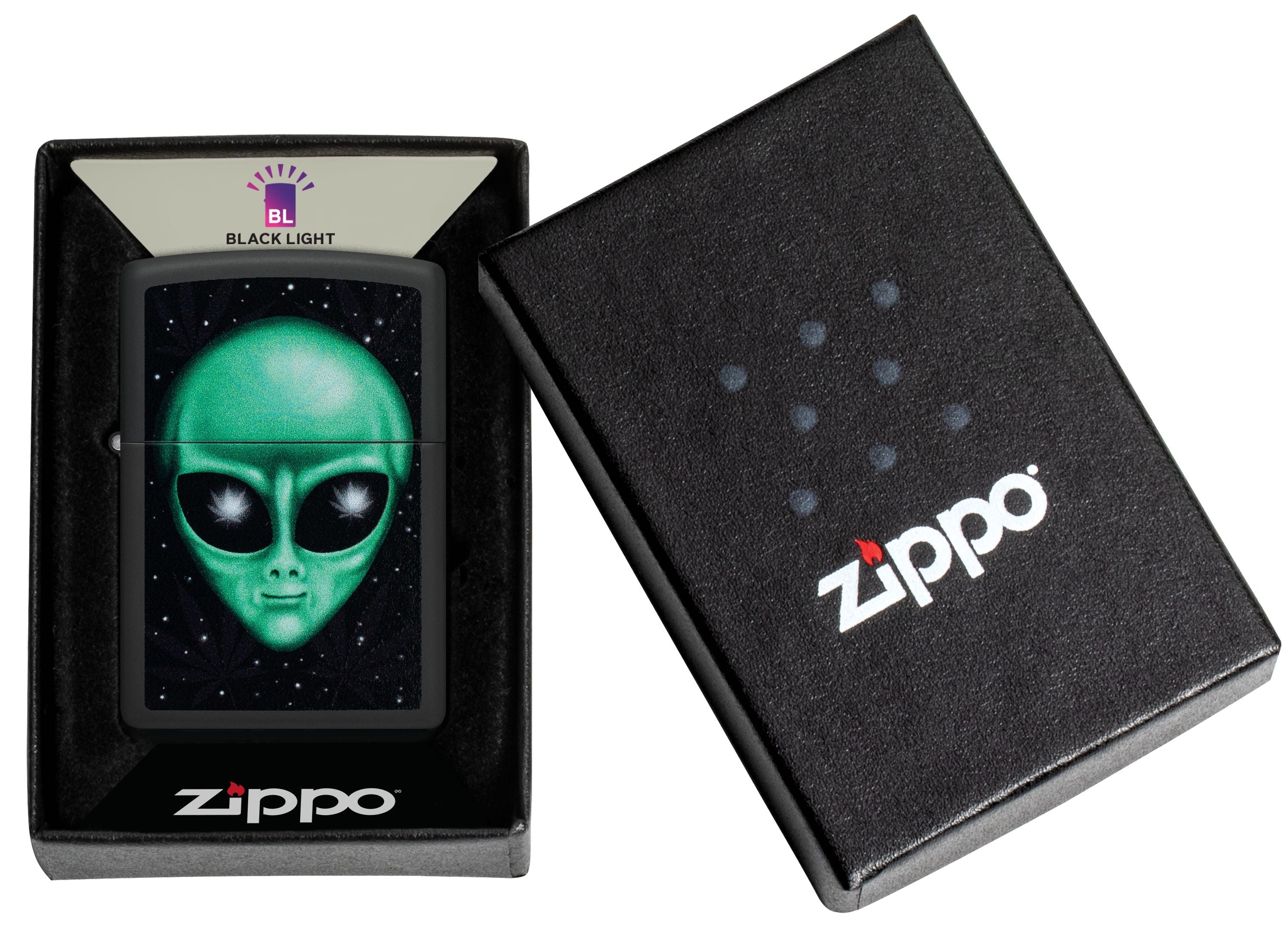 Zippo Alien Cannabis Back Light, Black Matte Lighter #46708