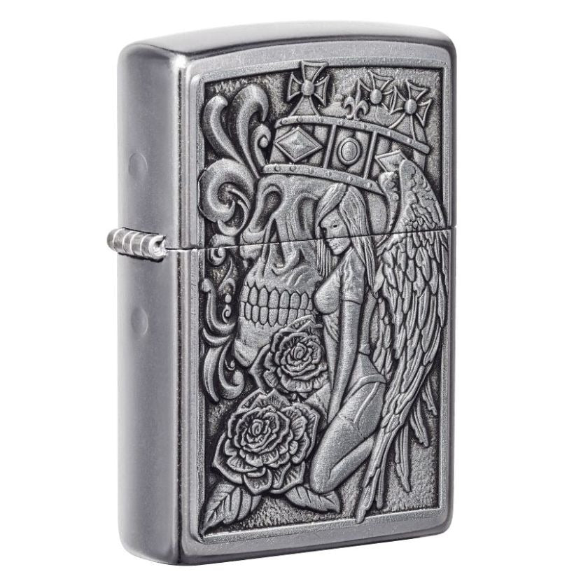 Zippo Skull and Angel Emblem, Street Chrome Lighter #49442
