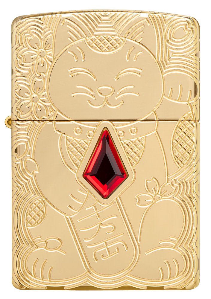 Zippo Armor Lucky Cat Deep Carve Emblem, High Polish Brass Lighter #49802