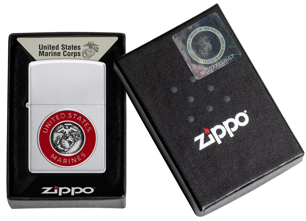 Zippo USMC Satin Chrome & Leather Pouch Gift Set #LPGS-LPLB-48974