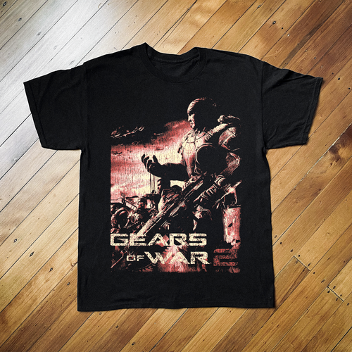 Black Gears of War 2 Xbox 360 T-shirt by Parallel featuring a gear-themed design and gaming artwork print.