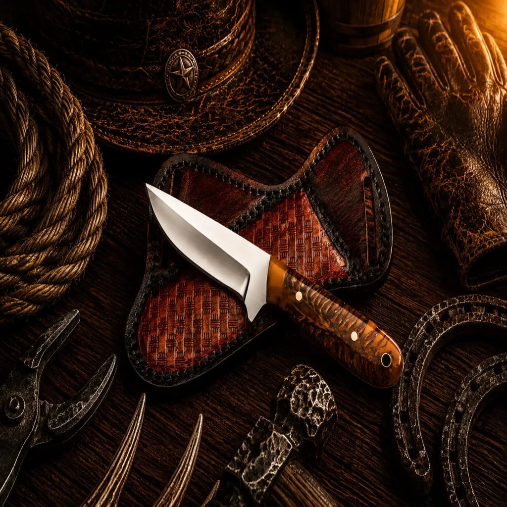 Farm Work Buckaroo Cowboy Knife by SHAM KNIVES with 3.75" D2 steel blade and pinecone handle, handcrafted Damascus pocket knife.
