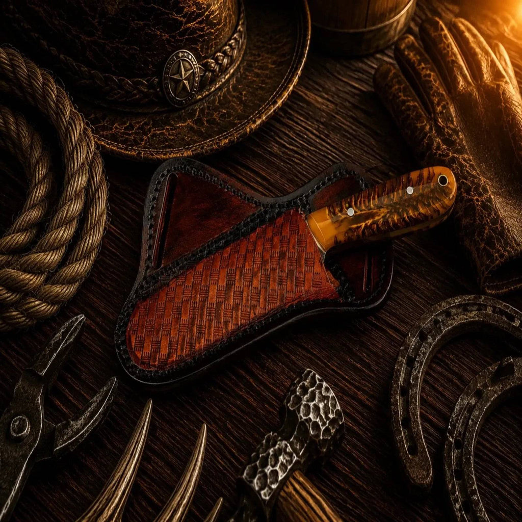 Farm Work Buckaroo Cowboy Knife by SHAM KNIVES with 3.75" handmade D2 steel blade and pinecone handle, damascus pocket knife.
