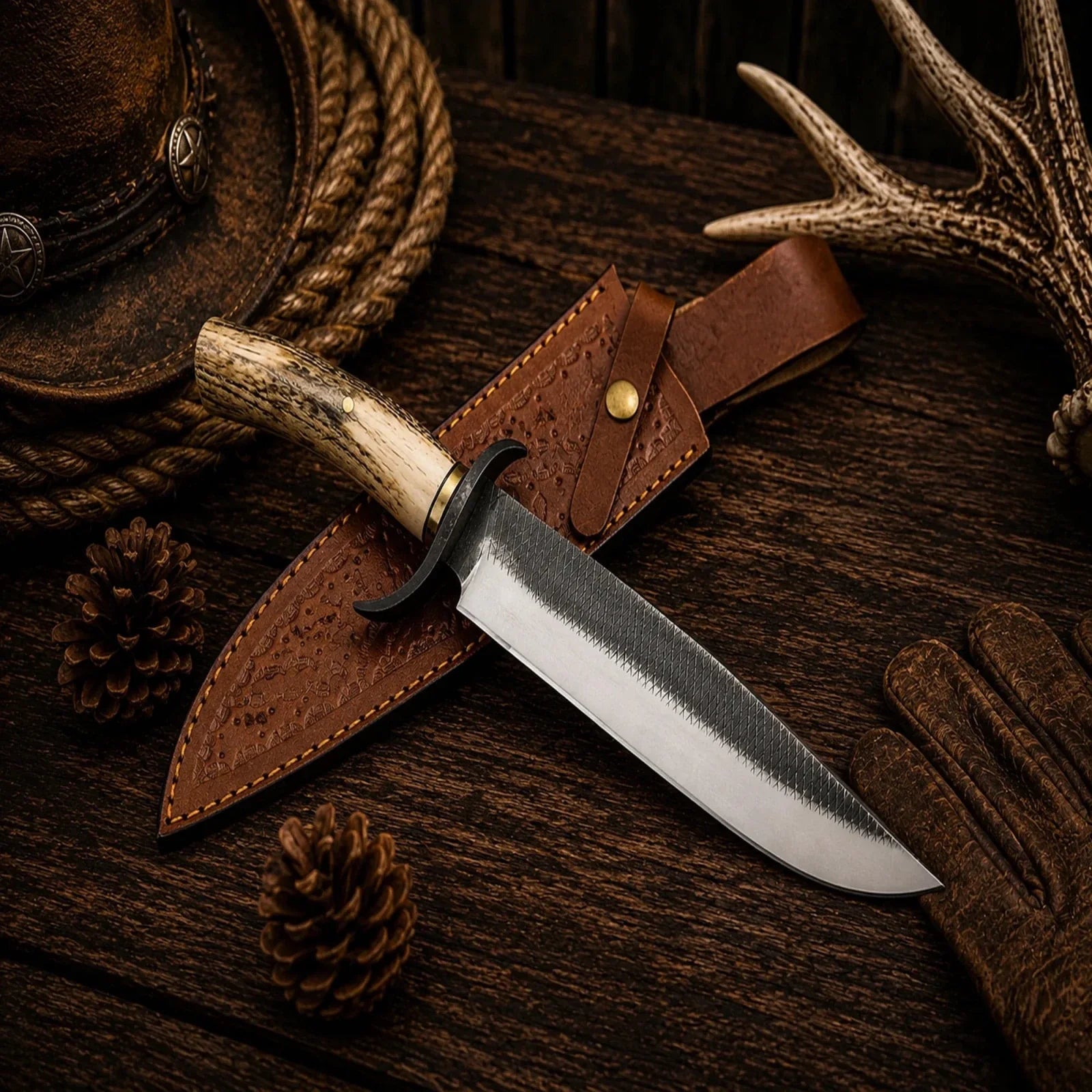 Farrier Rasp Hunting Bowie Knife – 14.5" D2 Blade, Stag Antler Handle