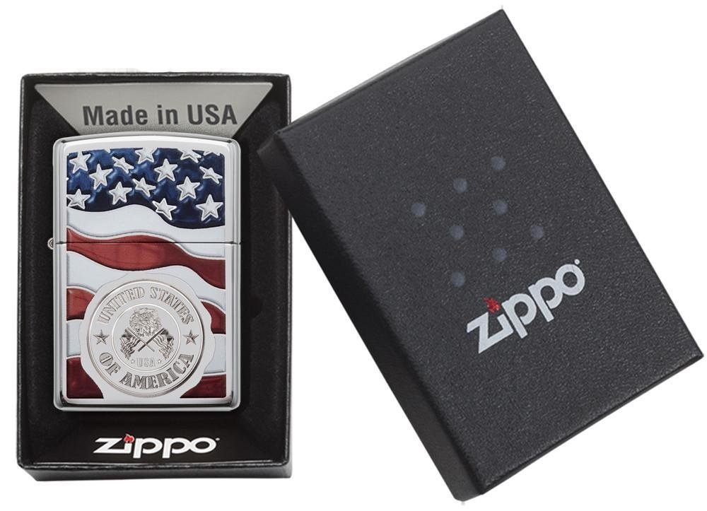 Zippo American Stamp on Flag, High Polish Chrome Lighter #29395