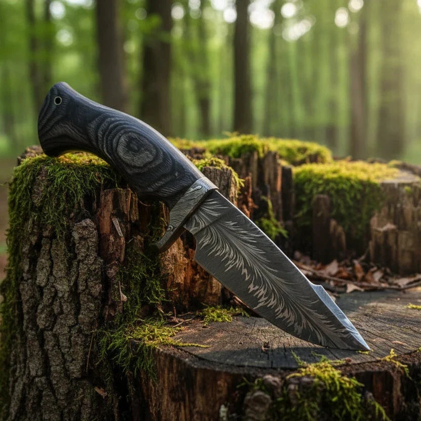 Feather Damascus Hunting Knife Pakka Wood Handle