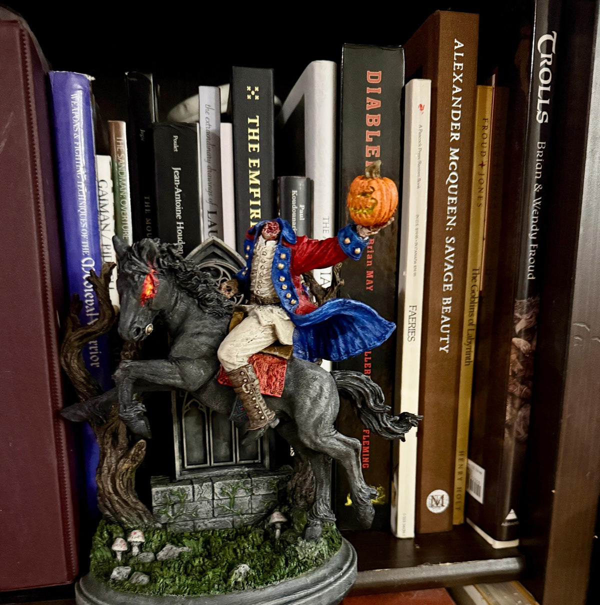 Full color resin Headless Horseman riding statue by Dellamorte & Co., Gothic Sleepy Hollow figurine for spooky Halloween decor.