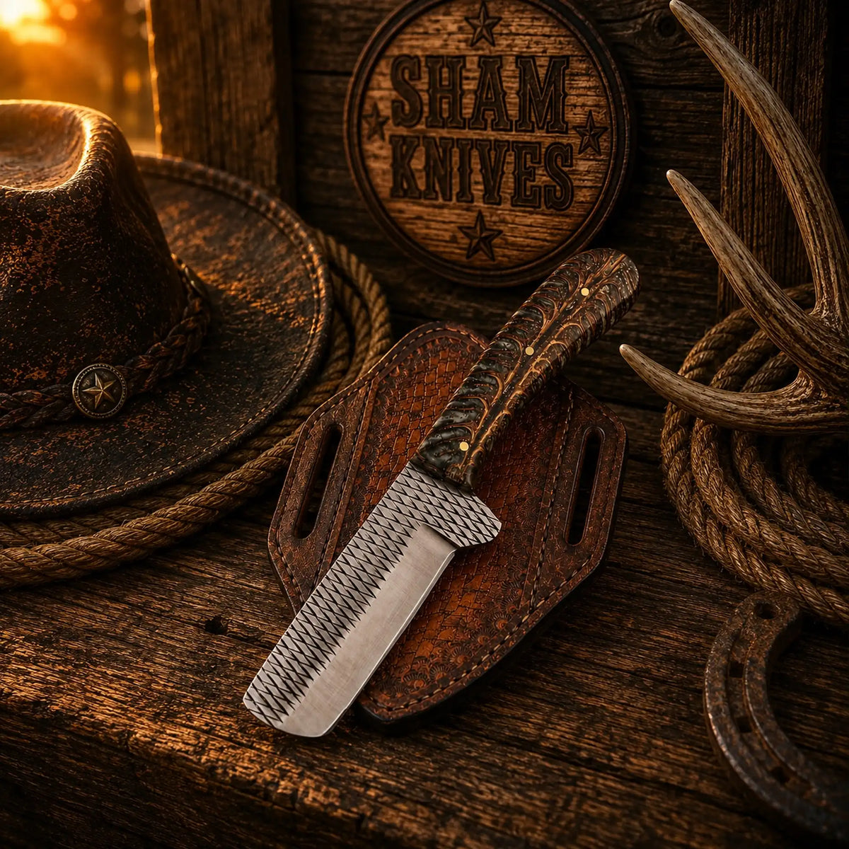 SHAM KNIVES bull cutter knife with rasp steel blade and pine cone handle, ideal for field dressing and hunting tasks.