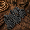 SHAM KNIVES fixed blade cowboy knife with D2 powder-coated blade, ergonomic Micarta handle, and cross draw sheath.