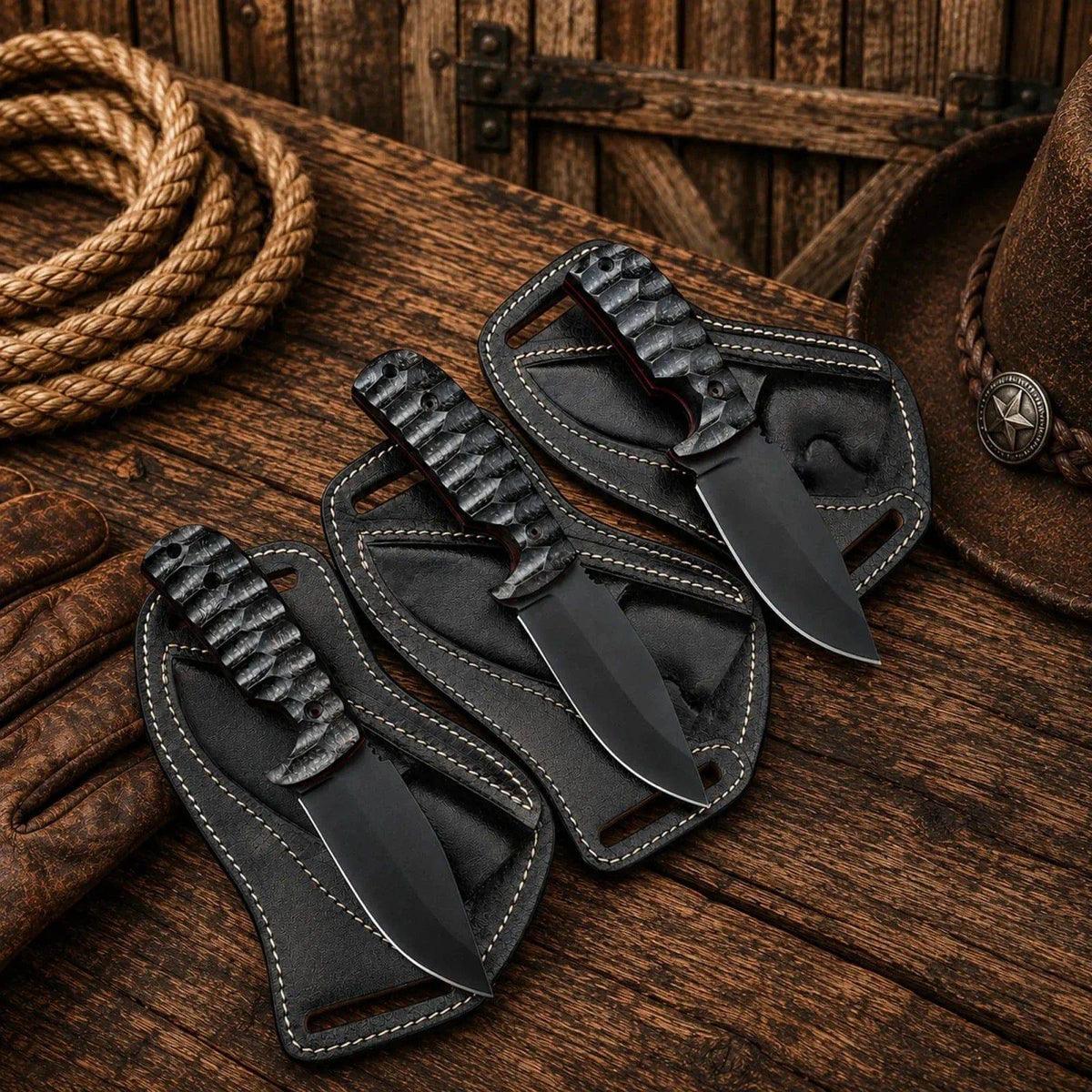 SHAM KNIVES fixed blade cowboy knife with D2 powder-coated blade, ergonomic Micarta handle, and cross draw sheath.
