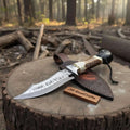 Handmade Damascus Hunting Knife with Stag Antler Handle & Custom Leather Sheath
