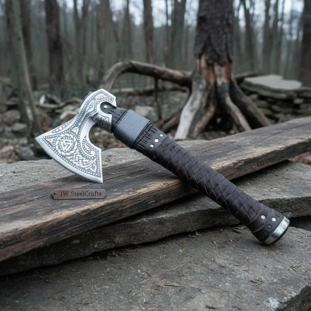 Engraved Norse Valknut Hatchet with Braided Leather Handle