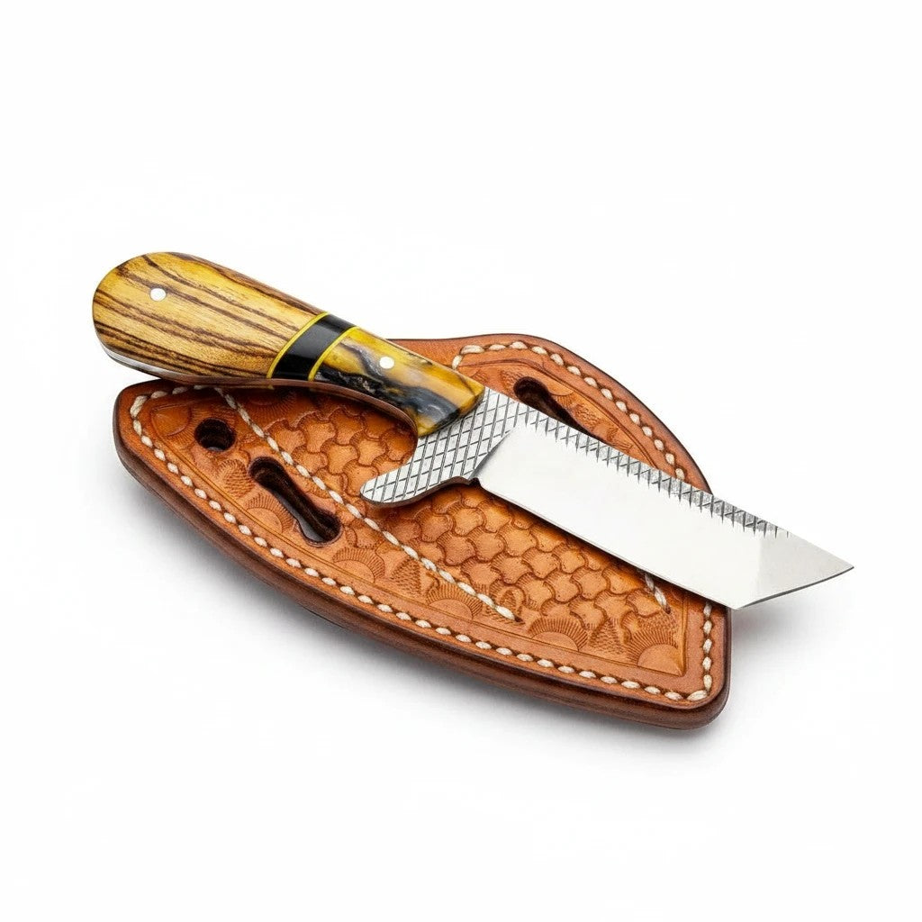 The Iron Maverick – Custom Handmade Rasp Steel Ranch Knife with Olivewood & Black Resin Handle & Leather Sheath
