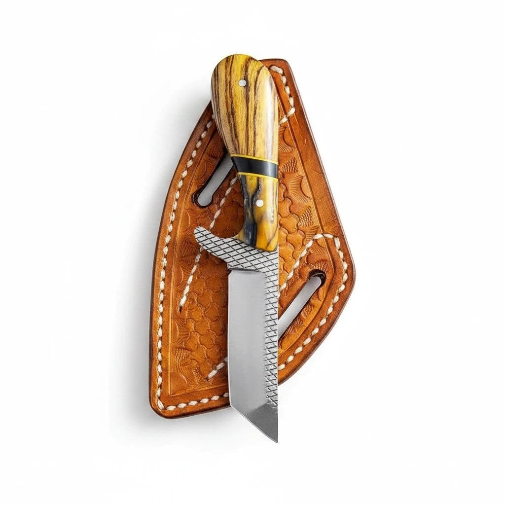 The Iron Maverick – Custom Handmade Rasp Steel Ranch Knife with Olivewood & Black Resin Handle & Leather Sheath