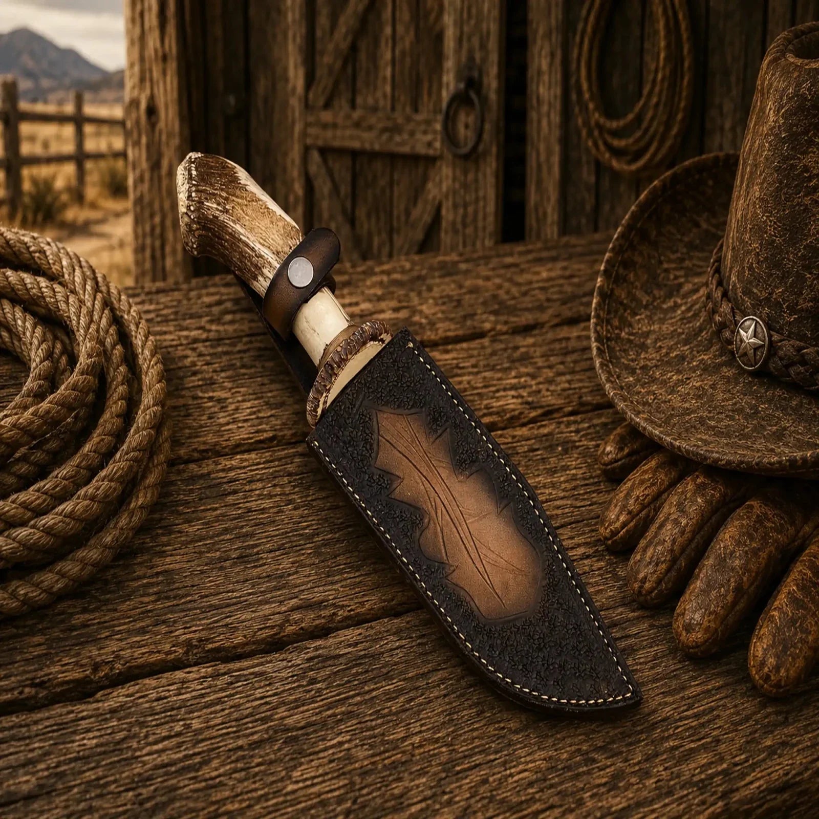 Frontier Hunter Bowie Knife – D2 Acid Etched Antler Handle