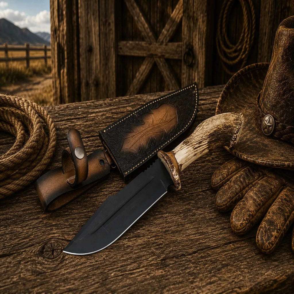 Frontier Hunter Bowie Knife – D2 Acid Etched Antler Handle