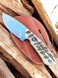 Handmade D2 Steel Cowboy Cross Draw Knife with Sheep Horn Handle & Leather Sheath