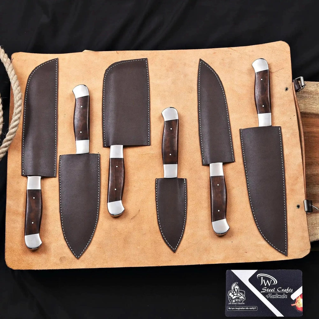 6-Piece High Carbon Steel Kitchen Knife Set with Leather Roll Olive Wood Handles, Steel Bolsters, 7 to 12 Inc