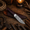 G10 Fixed Blade Outdoor Camping Hunting Bushcraft Knife – Damascus Blade With Leather Sheath