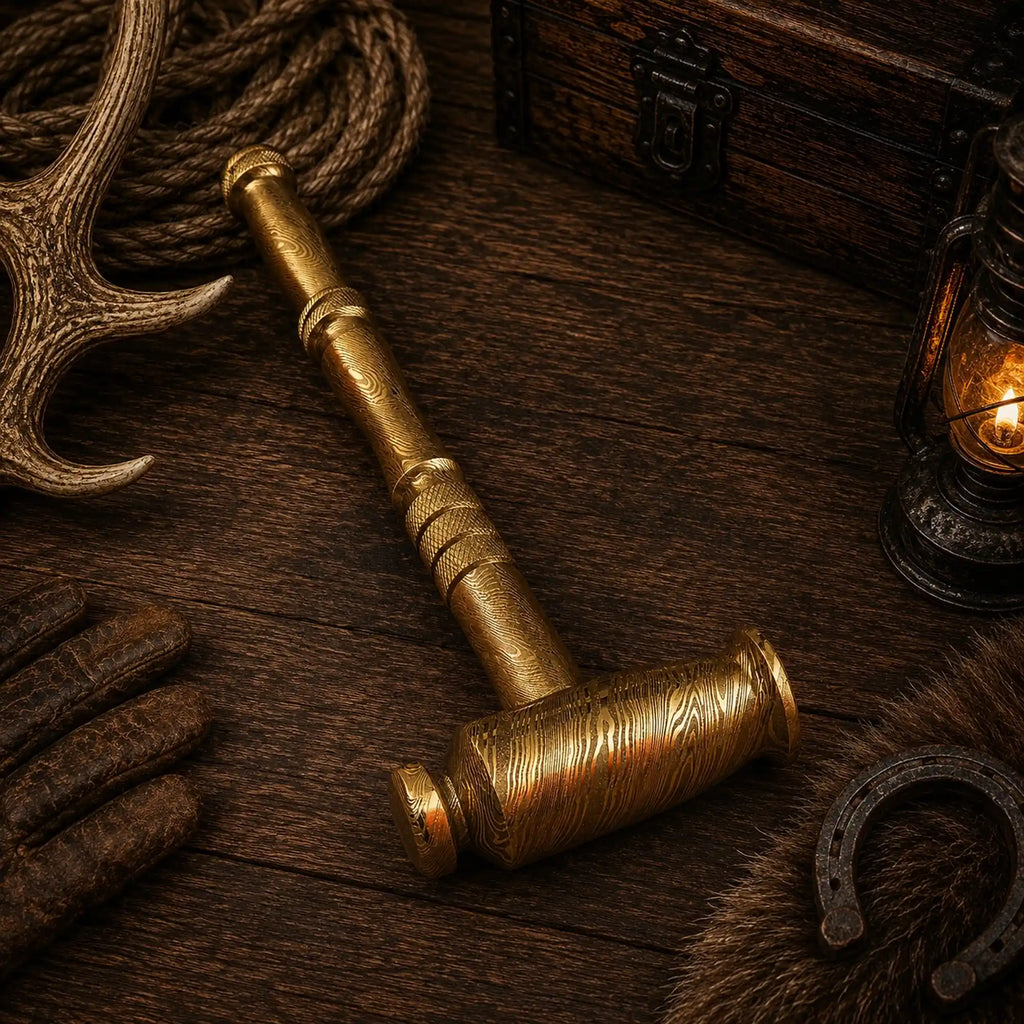 Goldenforge Damascus Steel Hammer – Handmade Desk Décor Collectible