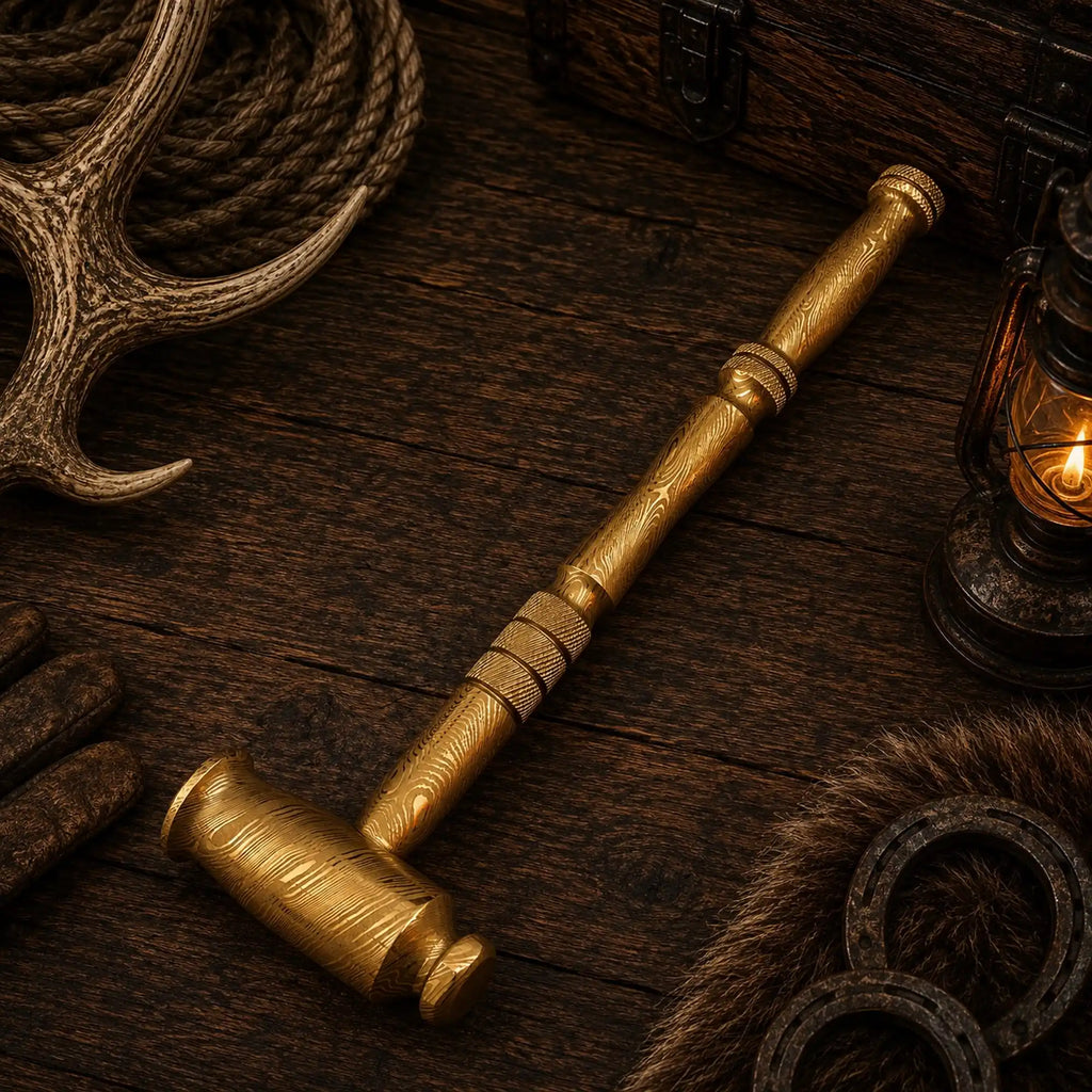 Goldenforge Damascus Steel Hammer – Handmade Desk Décor Collectible