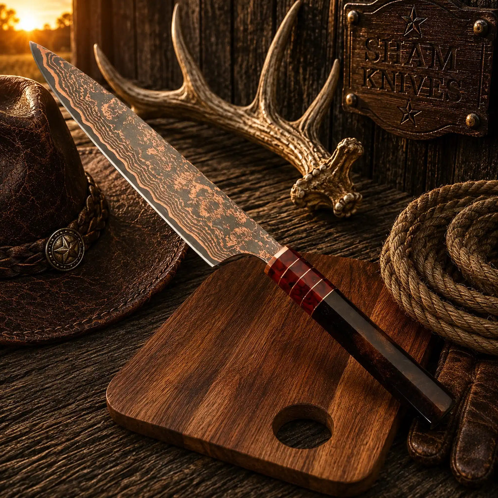 13″ Copper Damascus Gyuto Chef Knife - Copper Damascus steel chef knife | Relic & Reel