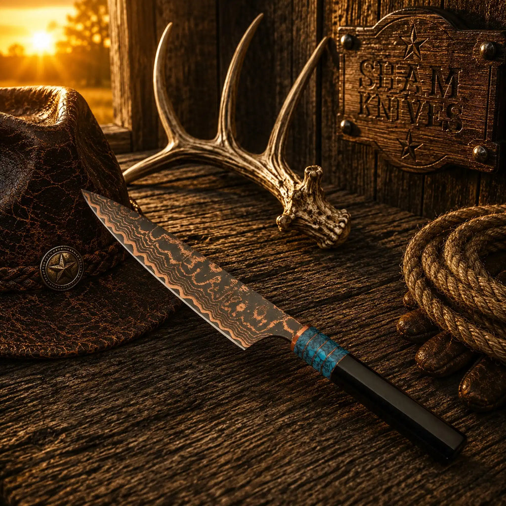 Turquoise Trail 13″ Copper Damascus Gyuto Chef Knife with Resin Handle - SHAM KNIVES