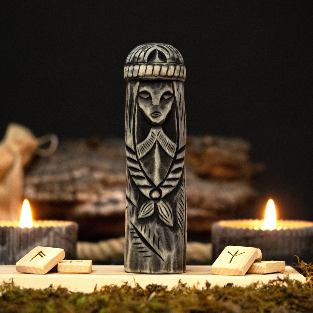Hand-Carved Freyja Figurine - Wooden Scandinavian Goddess Statue | Relic & Reel