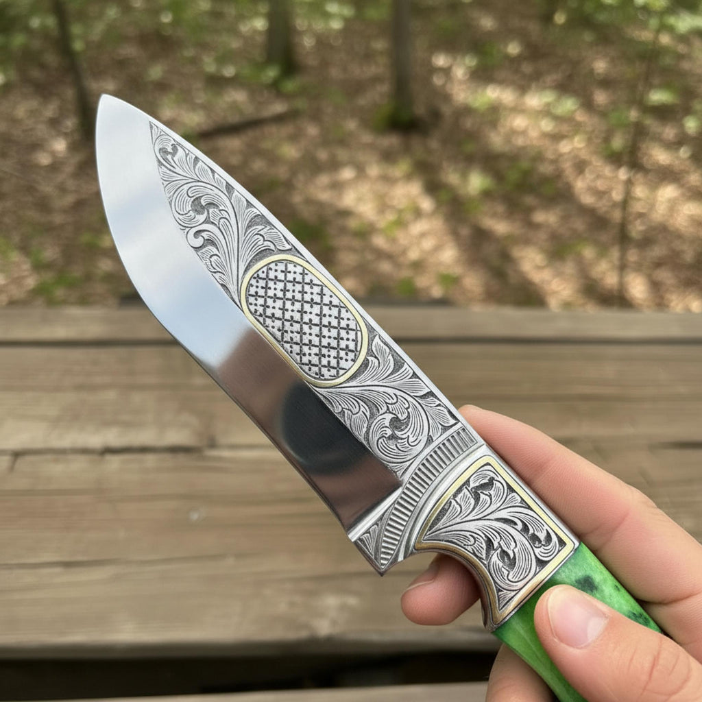 Engraved D2 Hunting Knife Brass Inlay Camel Bone