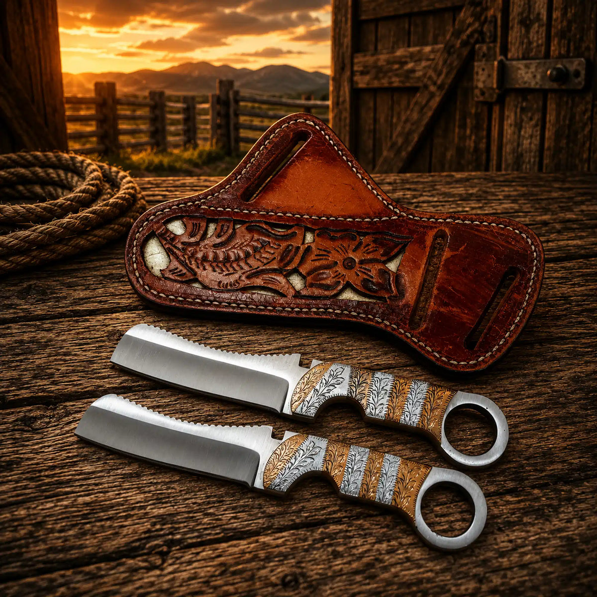 Hand-engraved cowboy bull cutter knife with D2 steel blade and copper handle, shown with a pancake sheath.
