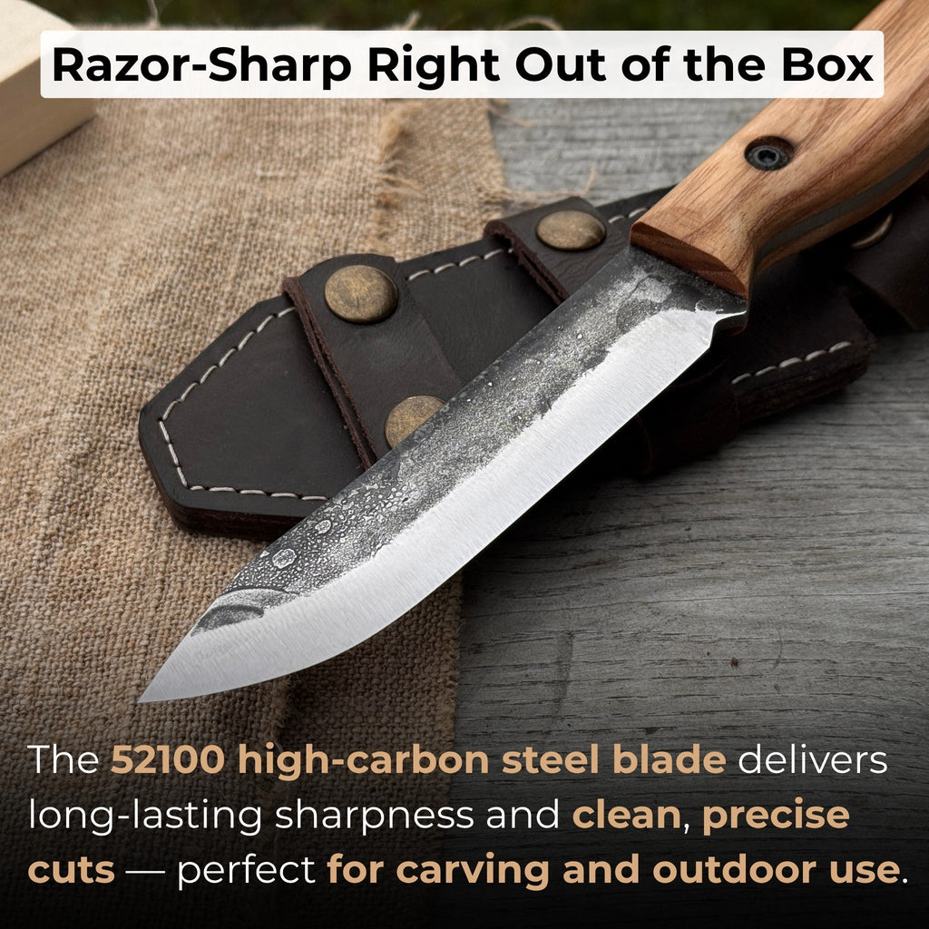 Hand-Forged Bushcraft Knife, 10 cm (3.9 in) Blade with Leather Sheath