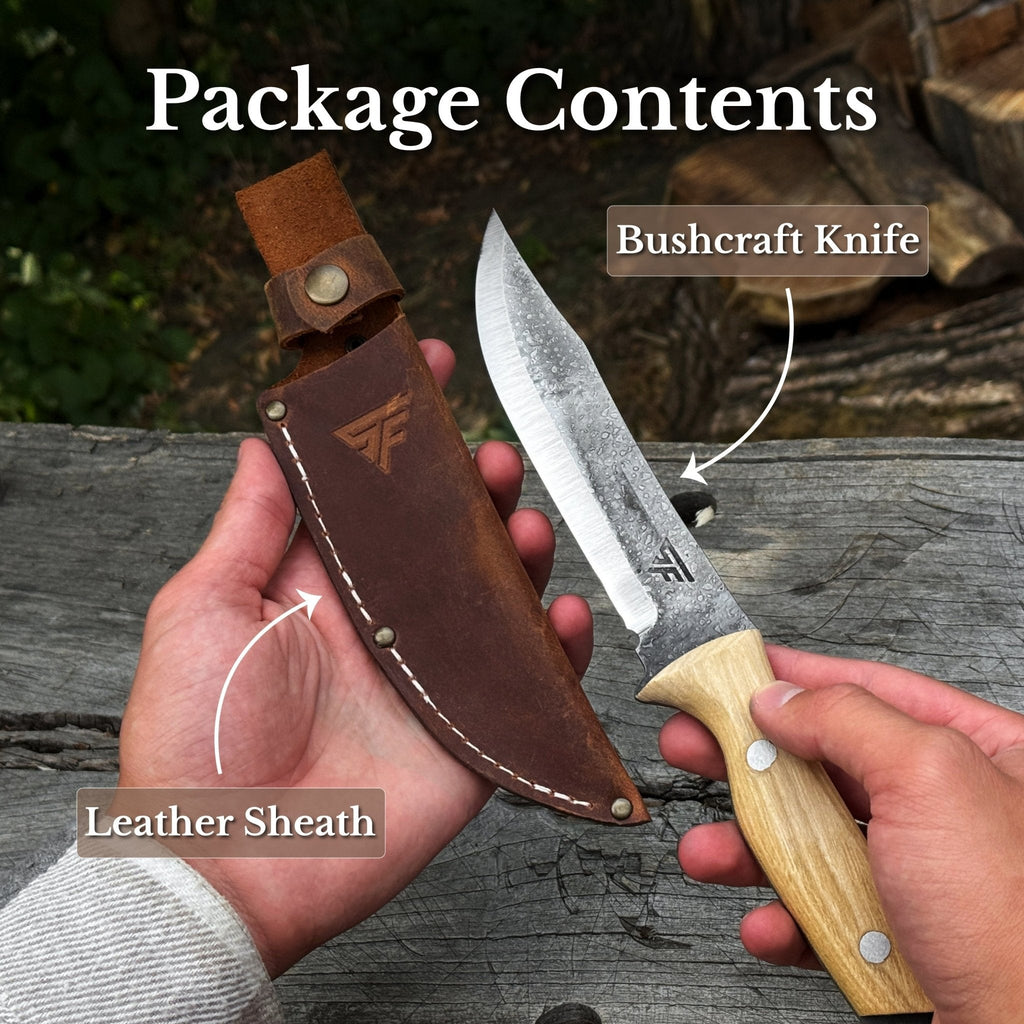 Sharky Forged Steel Tools bushcraft knife with leather sheath | Relic & Reel