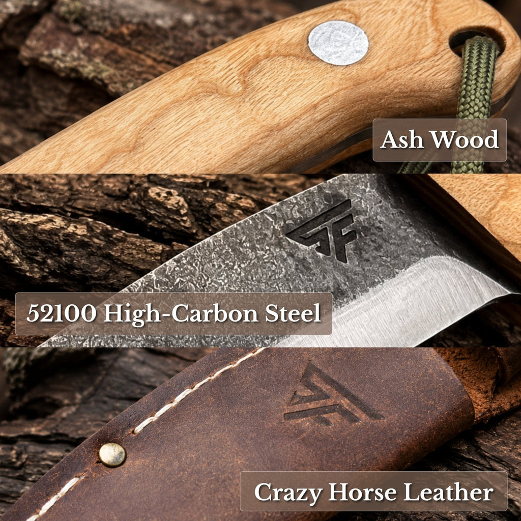 Hand-Forged Bushcraft Knife with Ash Wood handle and 52100 High-Carbon Steel blade - Relic & Reel