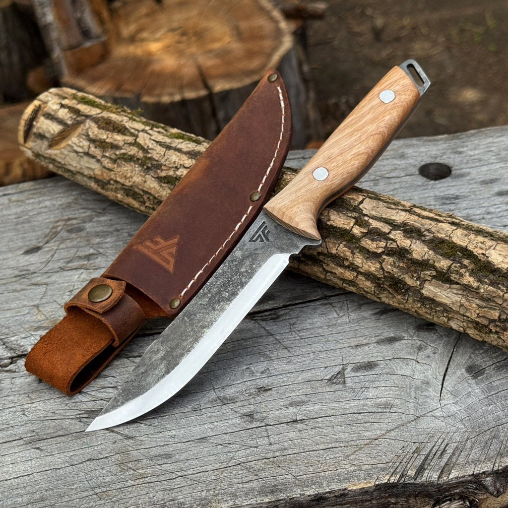 Hand-Forged Bushcraft Knife with wood handle and leather sheath - Sharky Forged Steel Tools