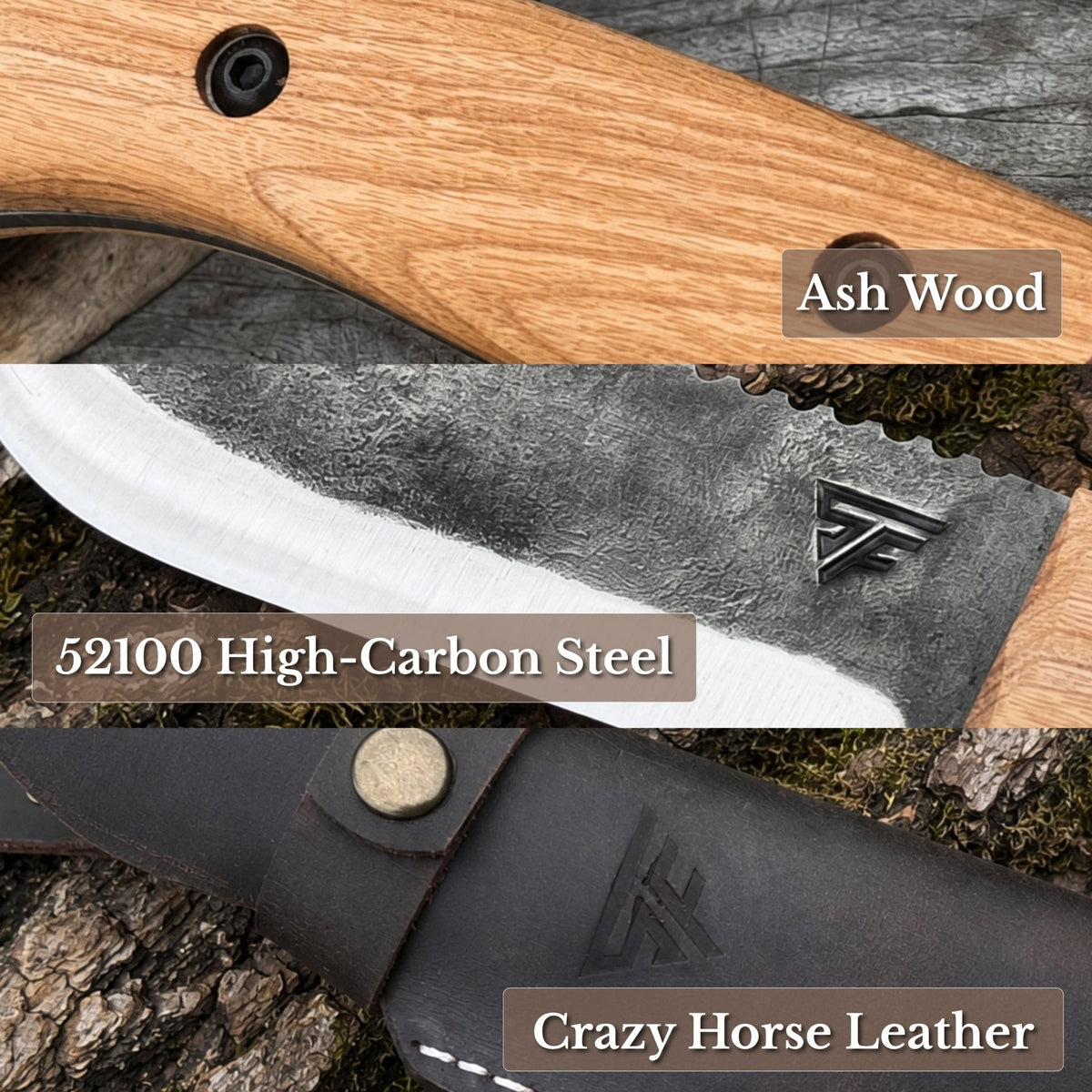 Hand-Forged Camping Knife with Ash Wood handle and 52100 High-Carbon Steel blade - Sharky Forged Steel Tools