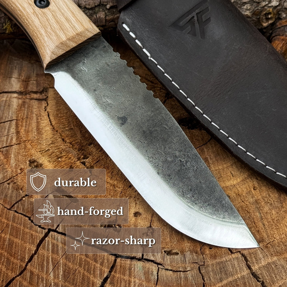 Hand-Forged Camping Knife with wood handle and leather sheath - Sharky Forged Steel Tools