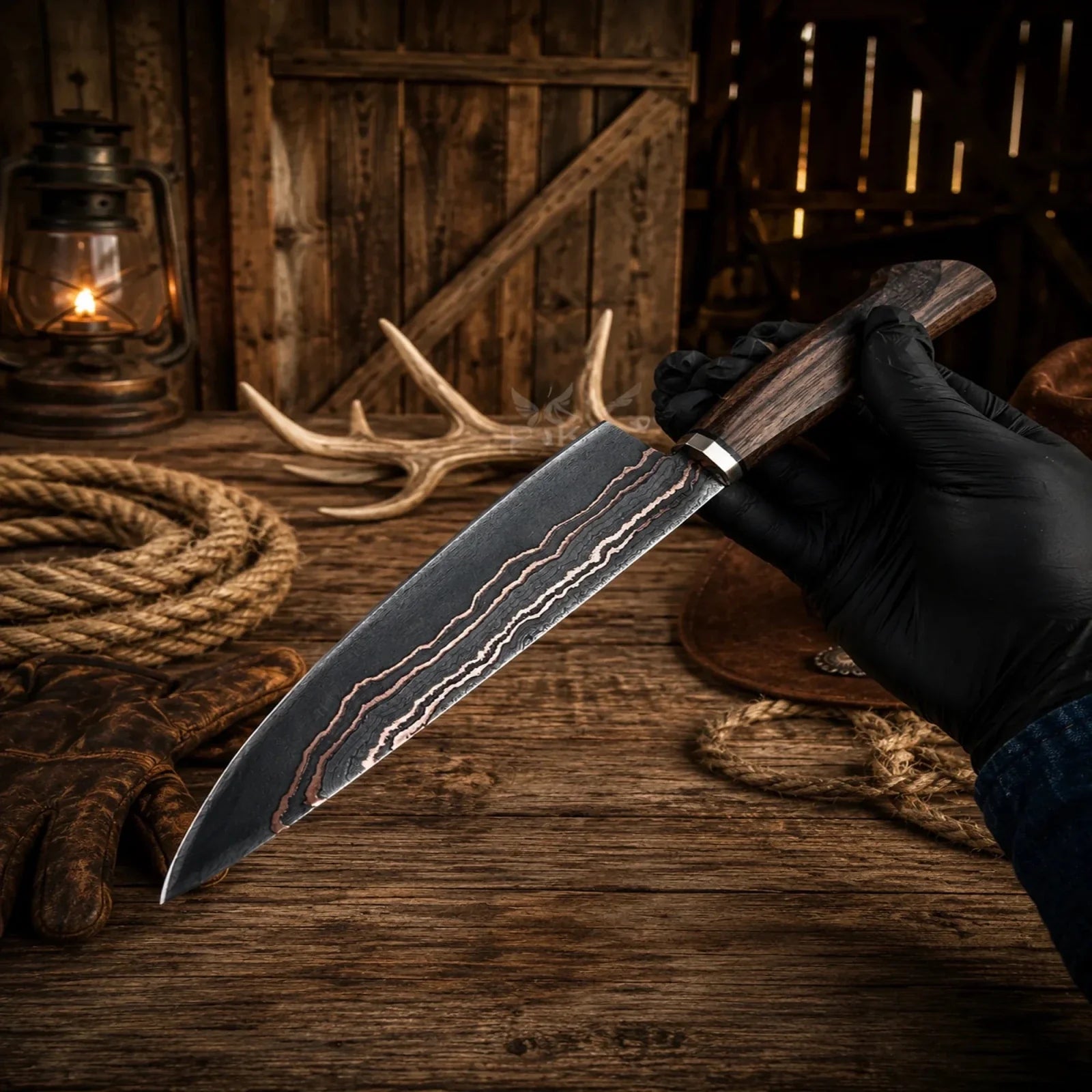 Hand Forged Copper Damascus Santoku Chef Knife – Walnut Wood Handle & Copper Bolster