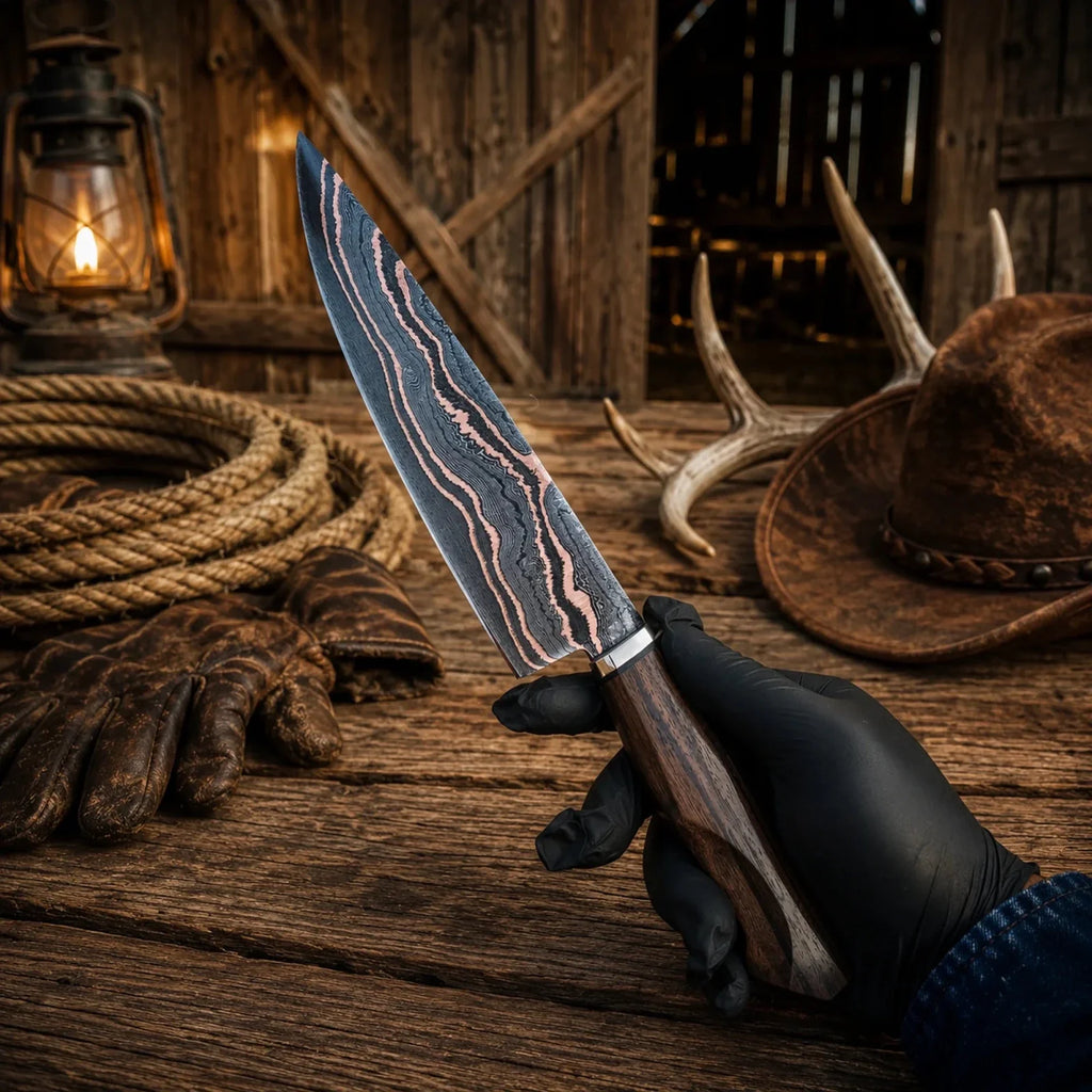 Hand Forged Copper Damascus Santoku Chef Knife – Walnut Wood Handle & Copper Bolster