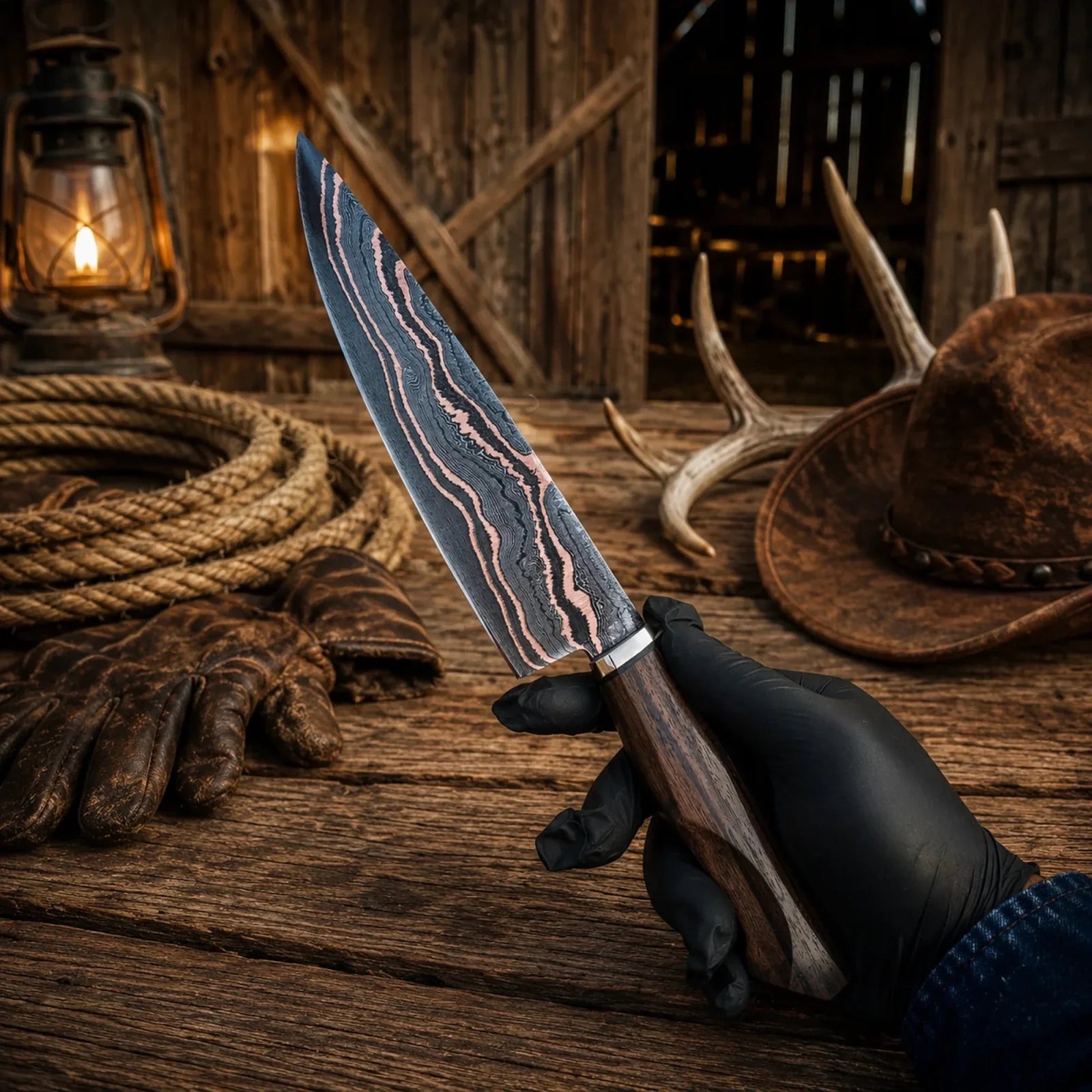 Hand Forged Copper Damascus Santoku Chef Knife – Walnut Wood Handle & Copper Bolster