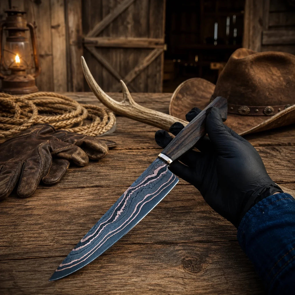Hand Forged Copper Damascus Santoku Chef Knife – Walnut Wood Handle & Copper Bolster